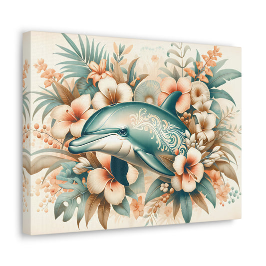 Canvas Gallery Wraps, Tropical Flowers Dolphin Art Print Decor, Wall Hanging Gift, Home Office Decor, Beach House Decoration, Coastal