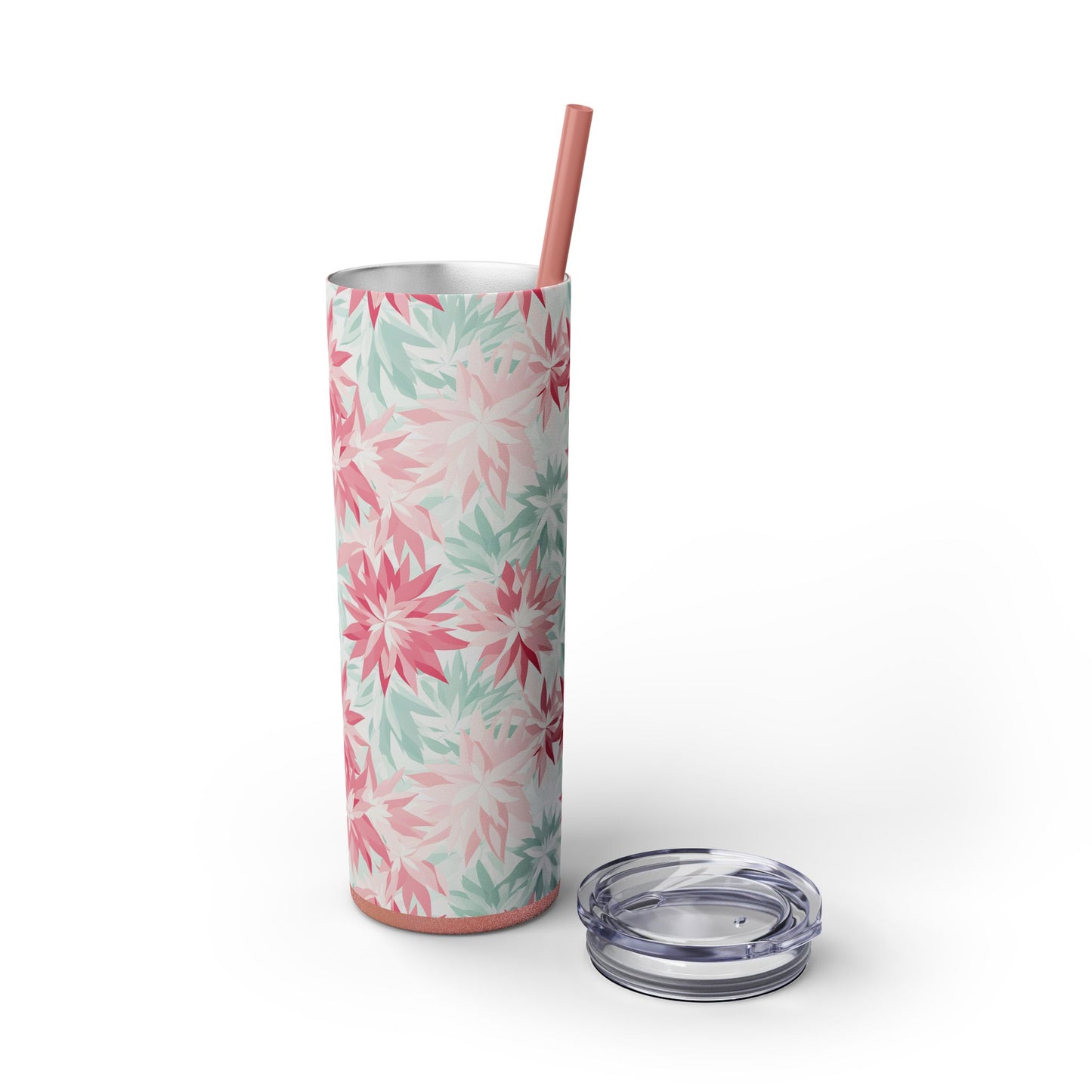 Pastel Snowflakes Floral Skinny Tumbler with Straw, 20oz - Perfect for Christmas Gifts, Travel Mug, Eco-Friendly Beverage Cup, Party Favors