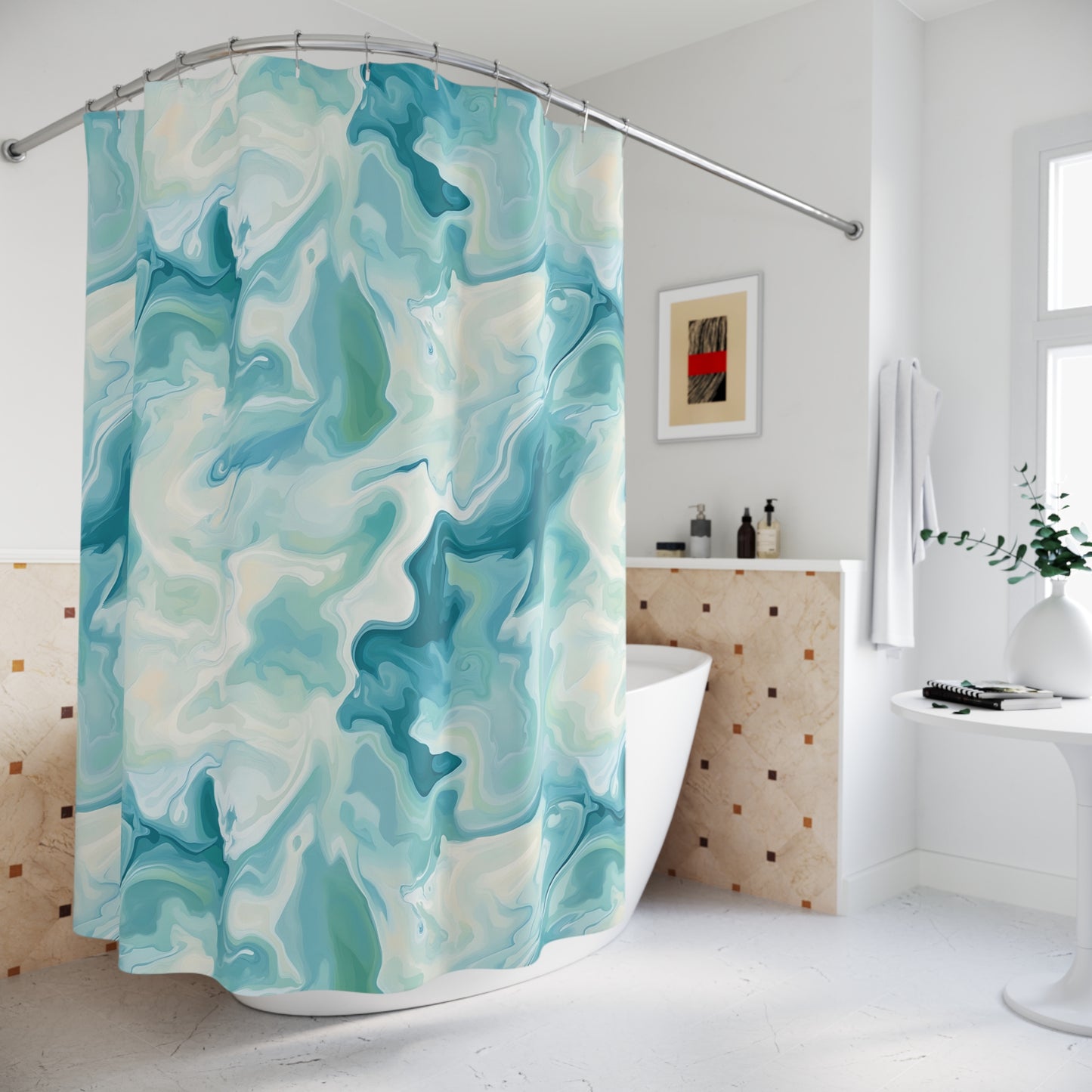 Aqua Marble Shower Curtain, Coastal Bathroom Decor, Abstract Waves Design, Home Spa Vibe, Beach House Gift, Nautical Theme