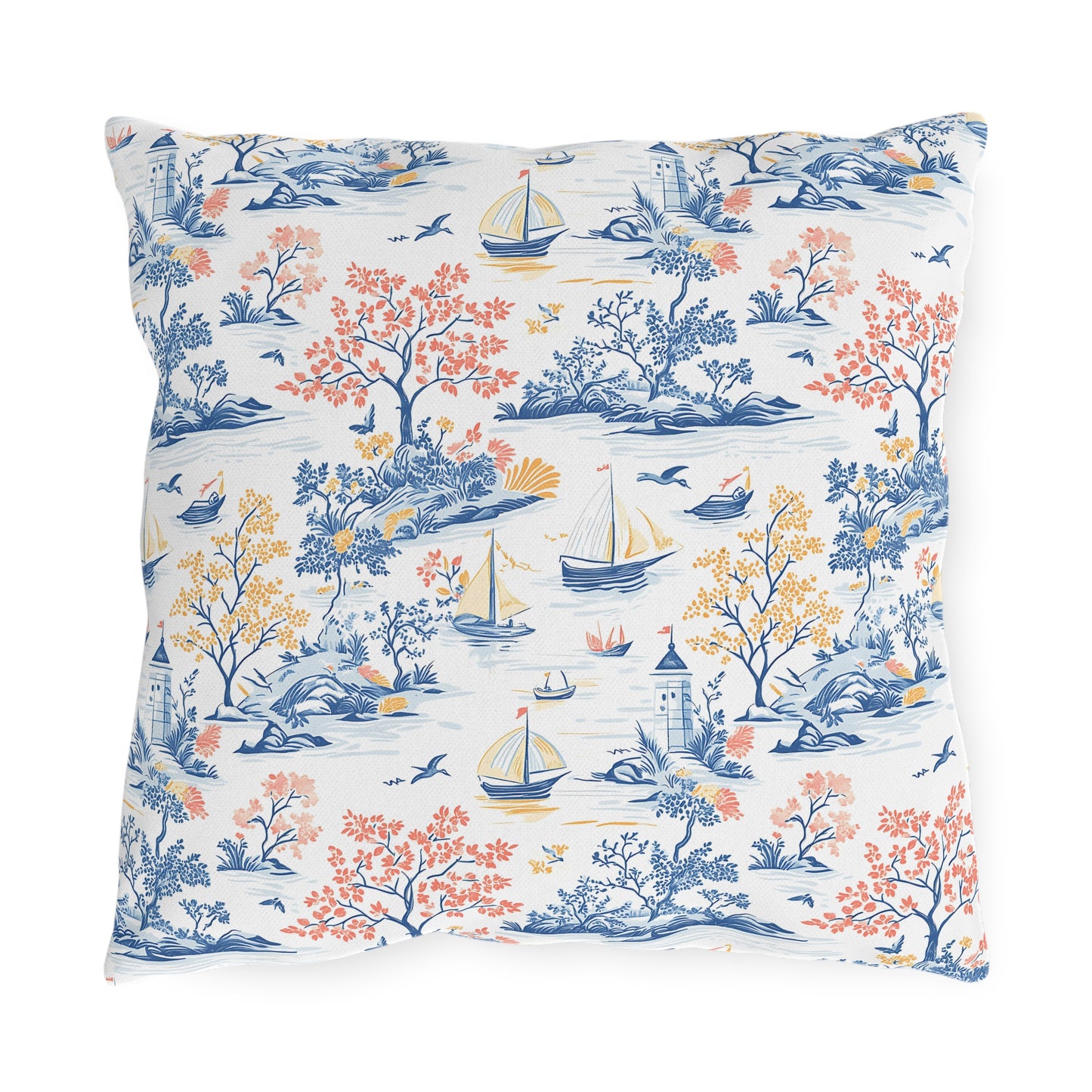 Coastal Toile Pillow, Nautical Outdoor Pillows, Coastal Decor, Summer Vibes, Garden Accessories, Patio Pillows, Home Decor