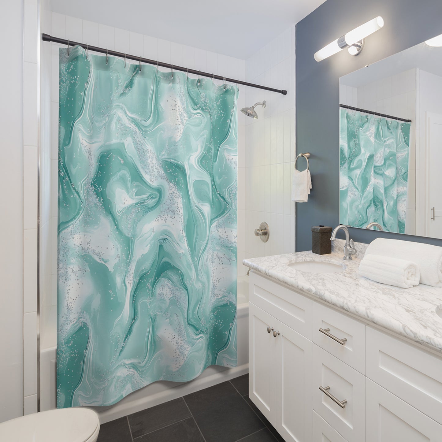 Elegant Turquoise Marble Shower Curtains, Modern Bathroom Decor, Stylish Home Accessory, Gift for Housewarming, Relaxing Vibes