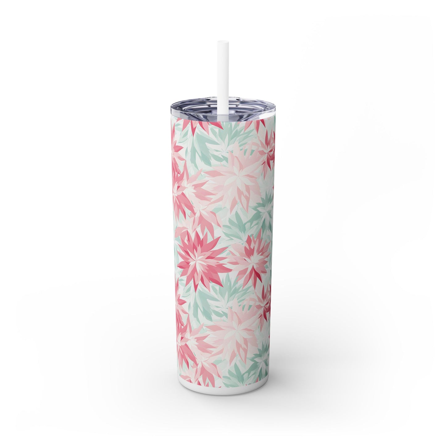 Pastel Snowflakes Floral Skinny Tumbler with Straw, 20oz - Perfect for Christmas Gifts, Travel Mug, Eco-Friendly Beverage Cup, Party Favors