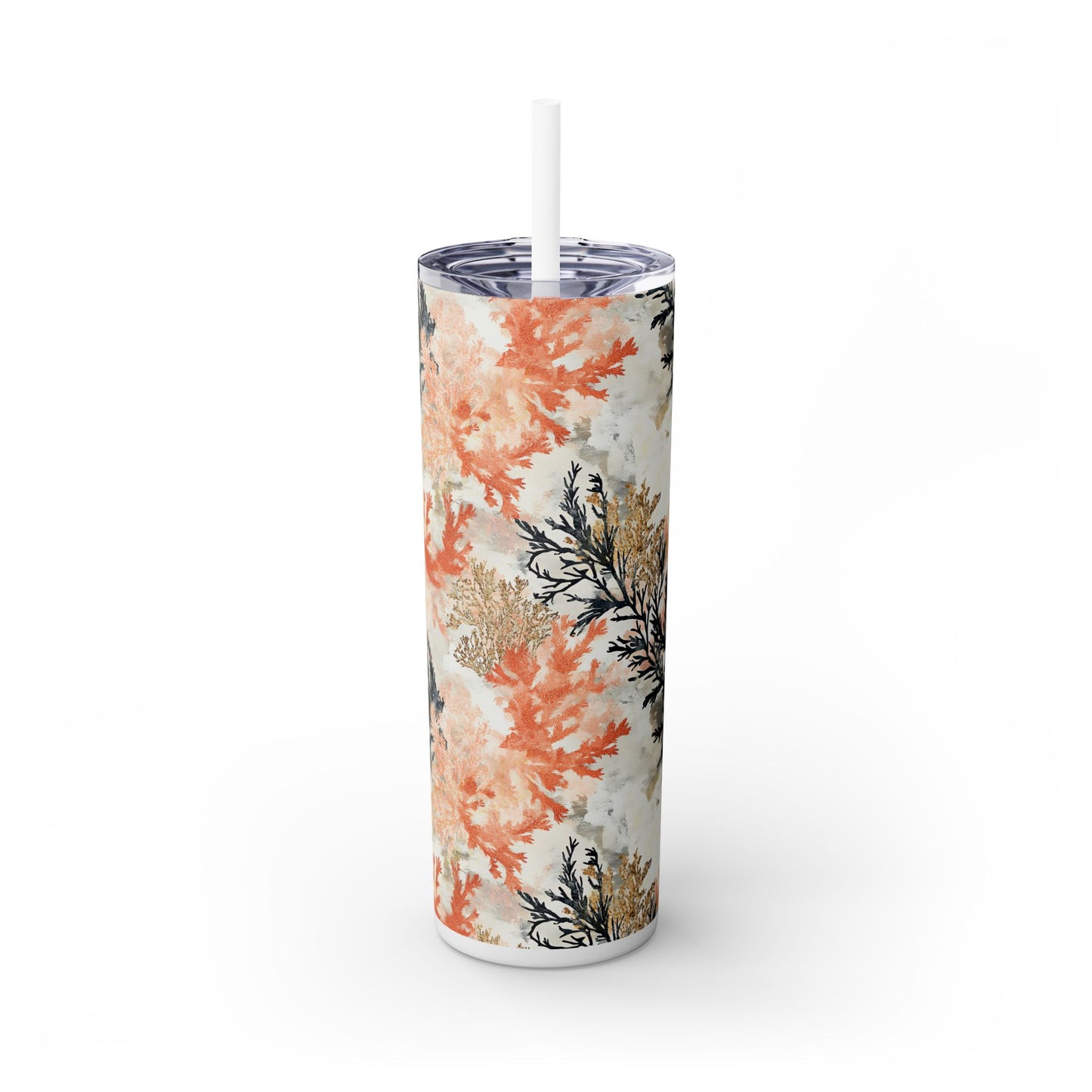 Ocean Inspired Skinny Tumbler with Straw, 20oz | Coral & Seaweed Design | Stylish Water Bottle | Perfect for Summer Beach Lovers, Gift