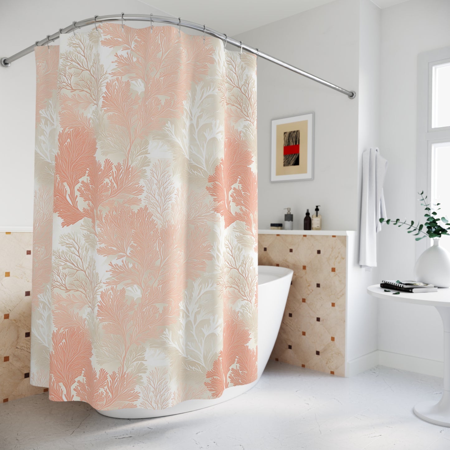 Elegant Coral Floral Shower Curtain, Bohemian Bathroom Decor, Ocean-Inspired, Gift for Beach Lovers, Tropical Vibes