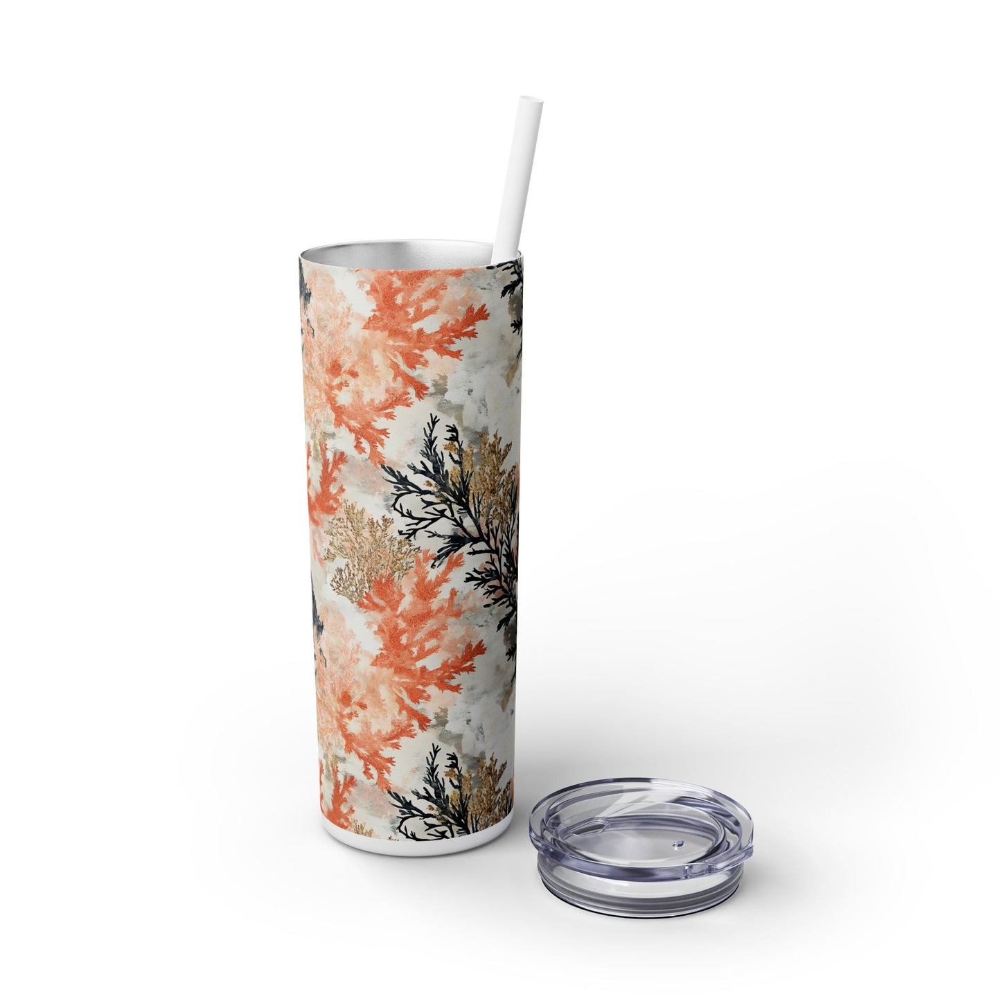 Ocean Inspired Skinny Tumbler with Straw, 20oz | Coral & Seaweed Design | Stylish Water Bottle | Perfect for Summer Beach Lovers, Gift