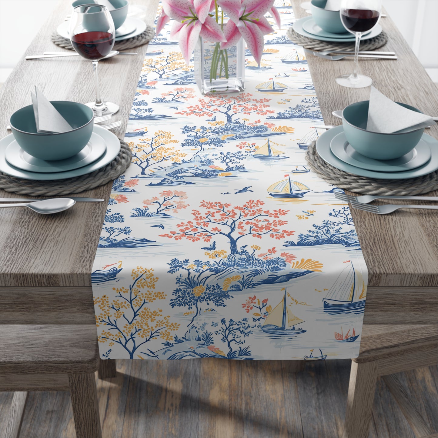 Coastal Elegance Table Runner | Nautical Decor for Dining, Beach Wedding, Summer Gatherings, Home Decoration, Gift Idea, Coastal Toile