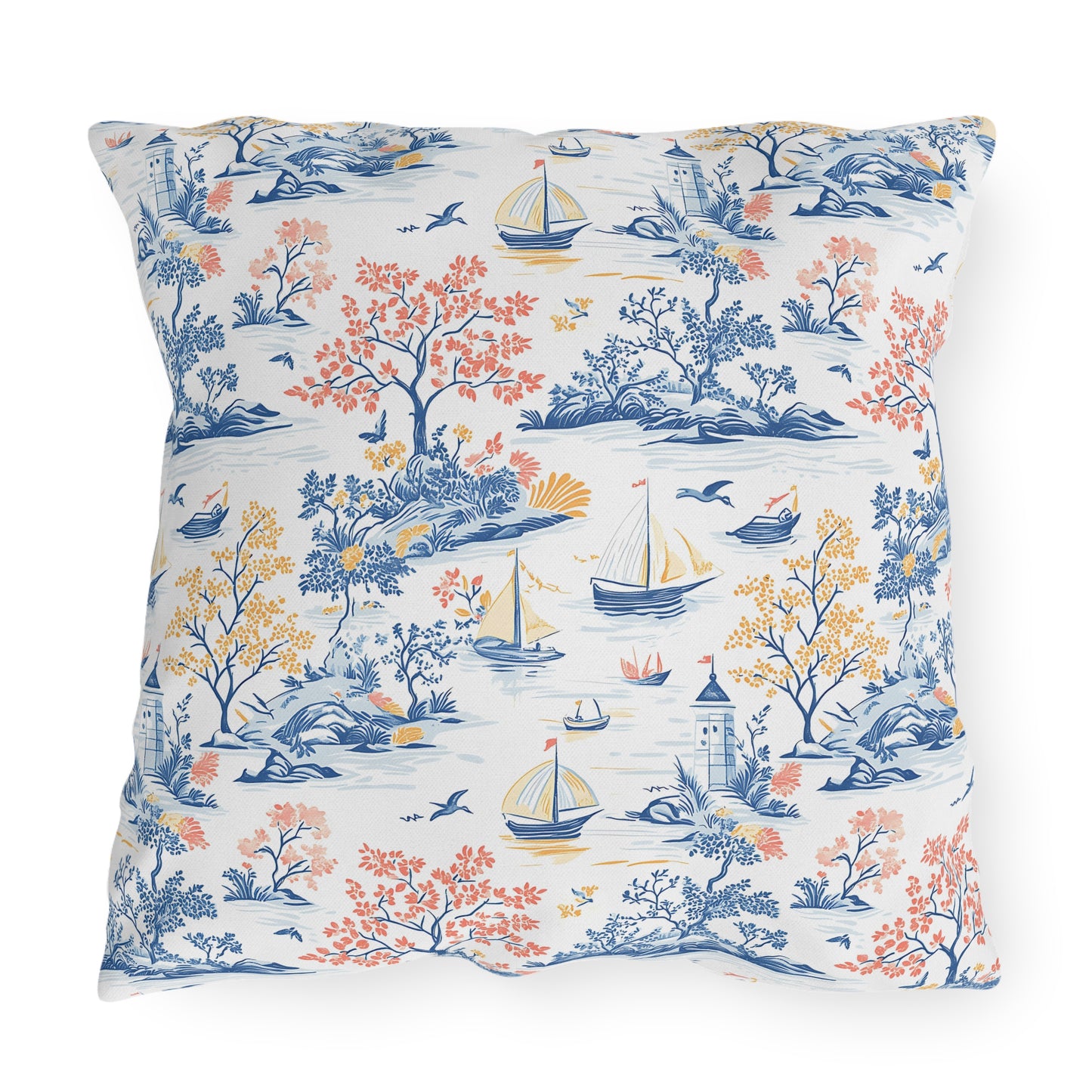 Coastal Toile Pillow, Nautical Outdoor Pillows, Coastal Decor, Summer Vibes, Garden Accessories, Patio Pillows, Home Decor