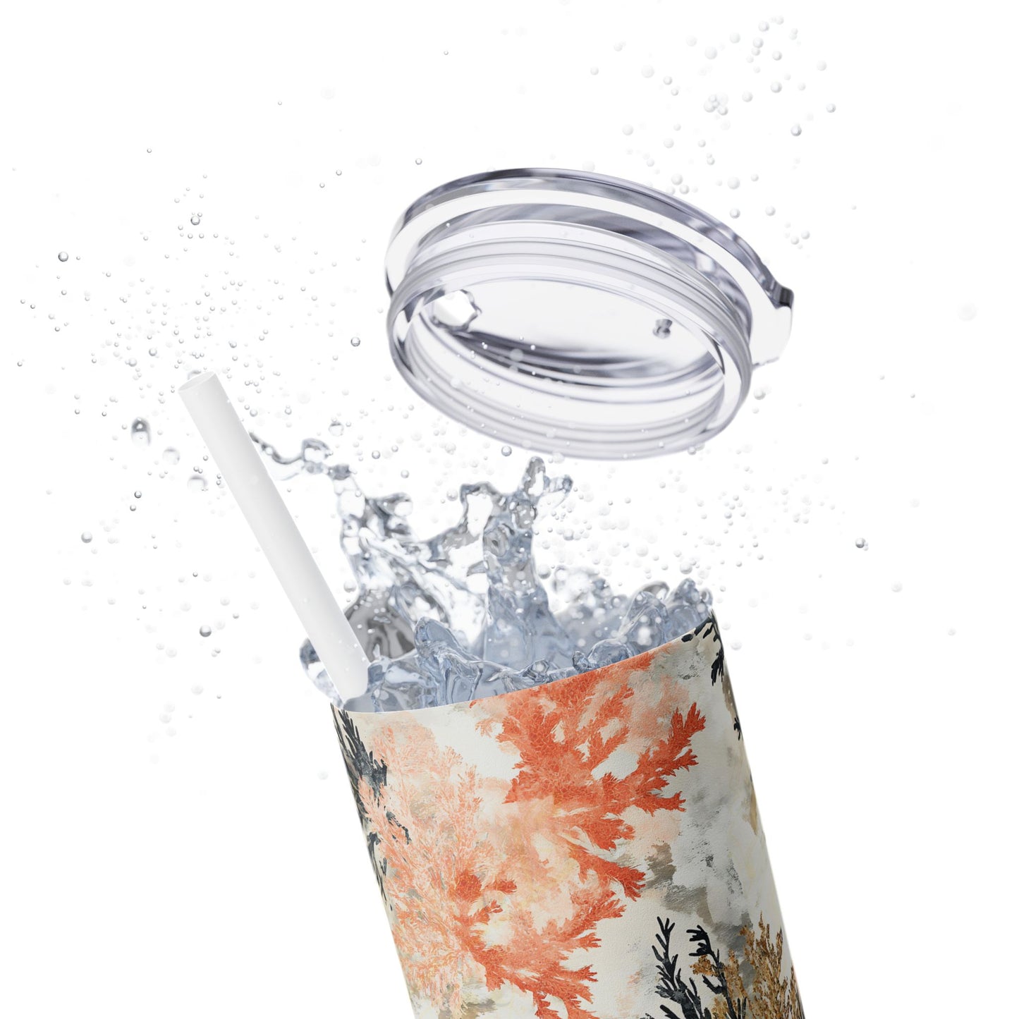 Ocean Inspired Skinny Tumbler with Straw, 20oz | Coral & Seaweed Design | Stylish Water Bottle | Perfect for Summer Beach Lovers, Gift